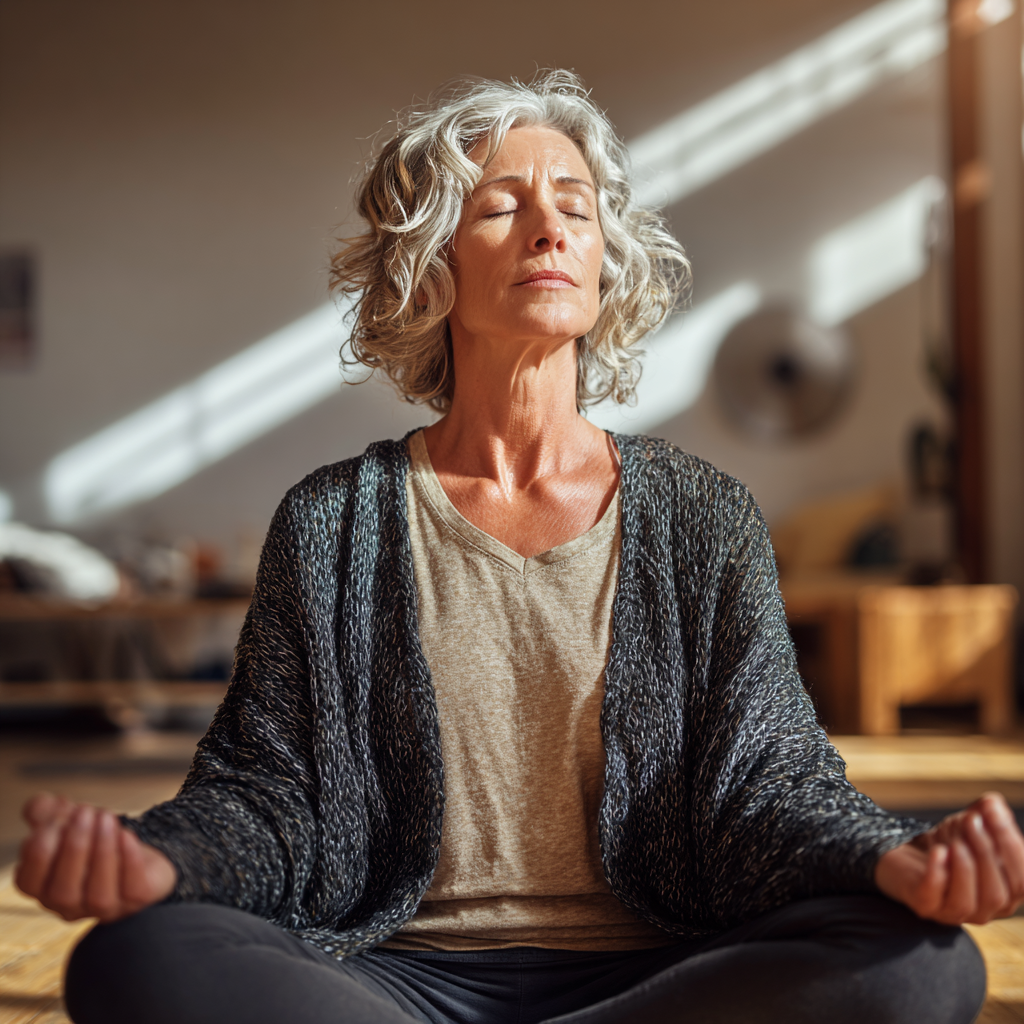 Mature woman practicing meditation in serene yoga studio environment
