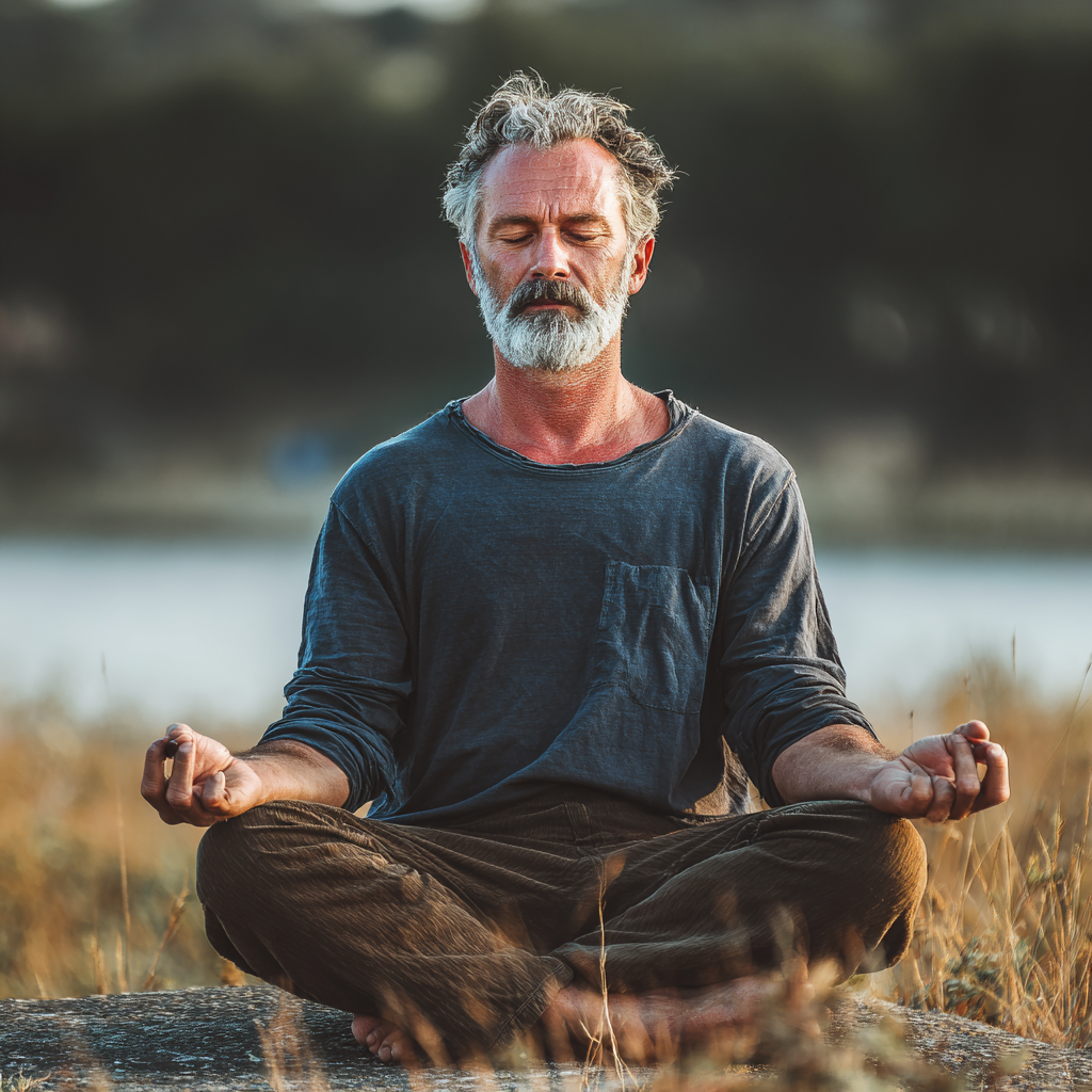 Middle aged person demonstrating yoga pose in peaceful natural setting